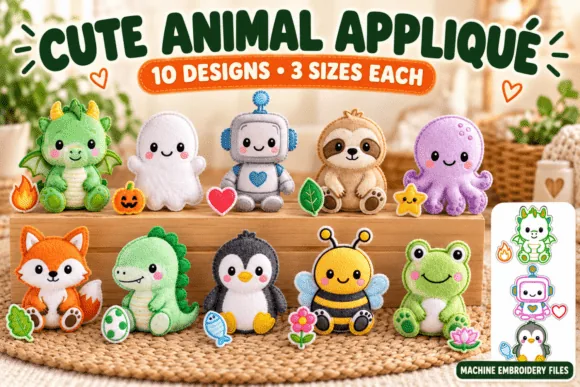 Cute animal applique embroidery bundle in three sizes