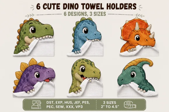 Dinosaur towel holder embroidery bundle for kids bathroom
