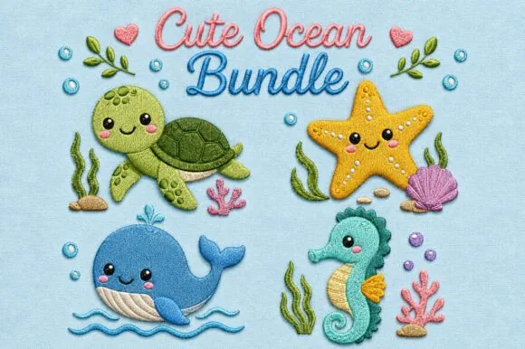 Cute ocean embroidery bundle with turtle whale seahorse and starfish
