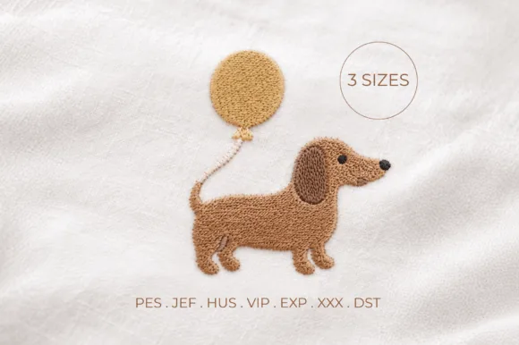 Dachshund with balloon embroidery design for baby onesies