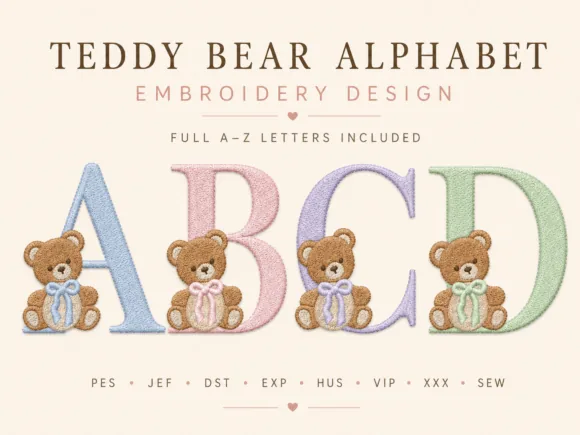 Teddy bear alphabet machine embroidery design for baby names