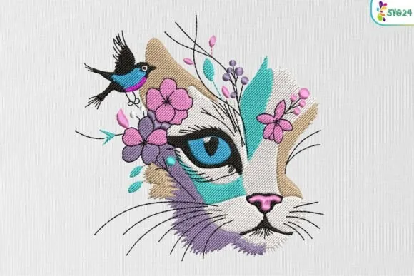 Artistic boho cat face machine embroidery design with flowers