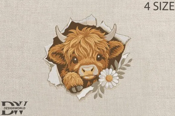 Highland cow machine embroidery design in four sizes