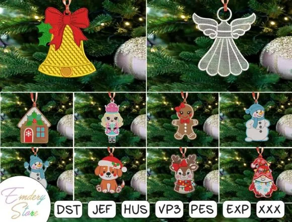 Christmas ornament embroidery bundle with nine machine embroidery designs