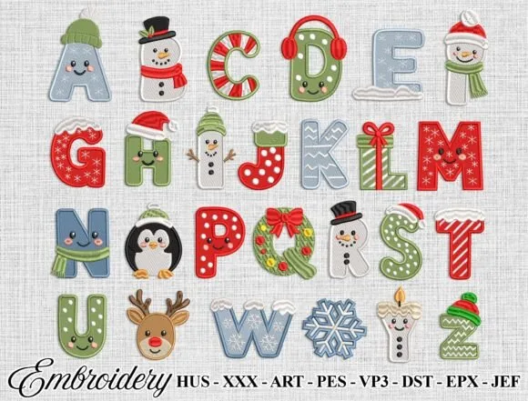 Christmas alphabet machine embroidery design with festive letters A to Z