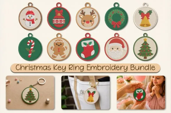 Ten in the hoop Christmas key ring embroidery designs for a 4x4 hoop