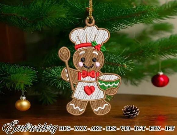 Gingerbread baker Christmas ornament machine embroidery design
