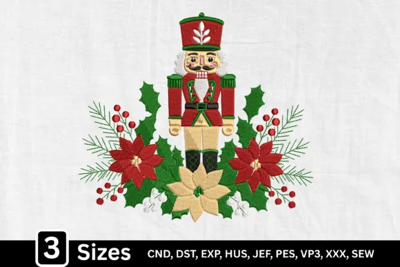 Poinsettia holly Christmas nutcracker machine embroidery design