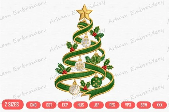 Elegant holiday tree machine embroidery design with star topper