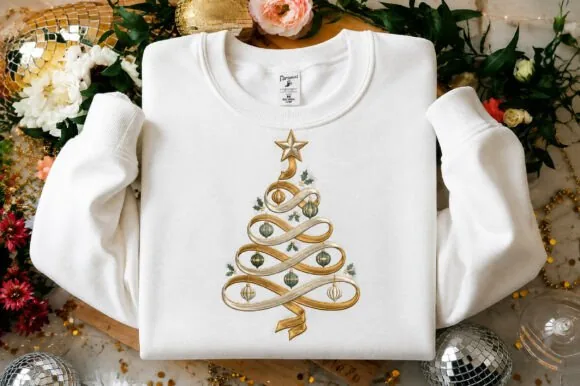 Elegant ribbon Christmas tree machine embroidery design for tote bags