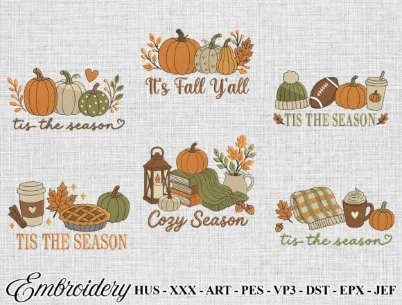 Fall embroidery design bundle with pumpkins leaves and autumn lettering