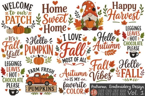 Autumn quotes embroidery bundle with 18 fall sayings for 4x4 and 5x7 hoops