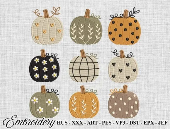 Boho pumpkin embroidery design bundle with nine patterned pumpkins