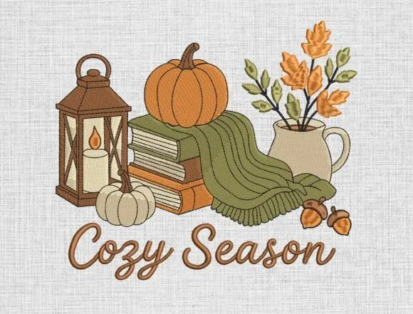 Cozy season fall embroidery design with lantern books and pumpkins