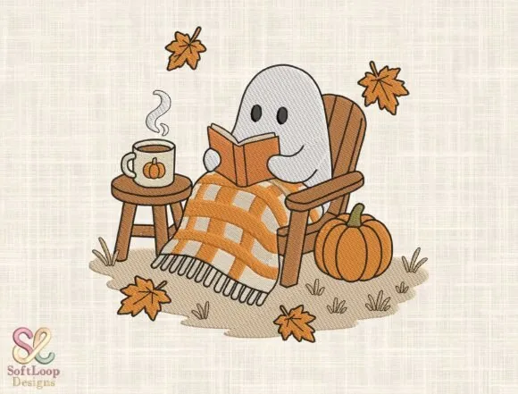 Cozy autumn ghost embroidery design with blanket and book