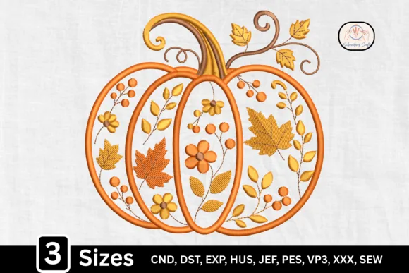 Floral autumn leaves pumpkin machine embroidery design