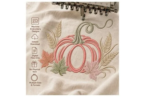 Fall pumpkin with wheat and maple leaves embroidery design