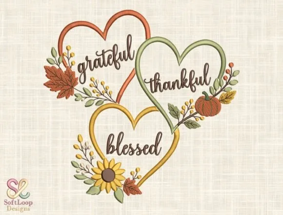 Grateful Thankful Blessed fall hearts embroidery design