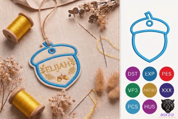 Acorn bag tag in the hoop embroidery design with name space