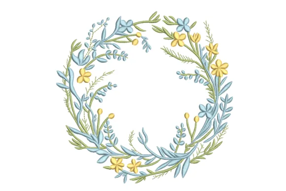 Blue and yellow floral wreath embroidery design for monograms