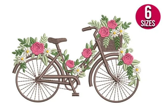 Floral rose flowers bike machine embroidery design for tote bags