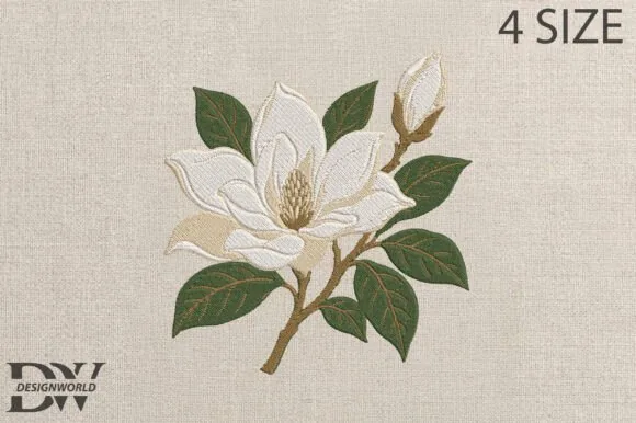 White magnolia machine embroidery design in three sizes