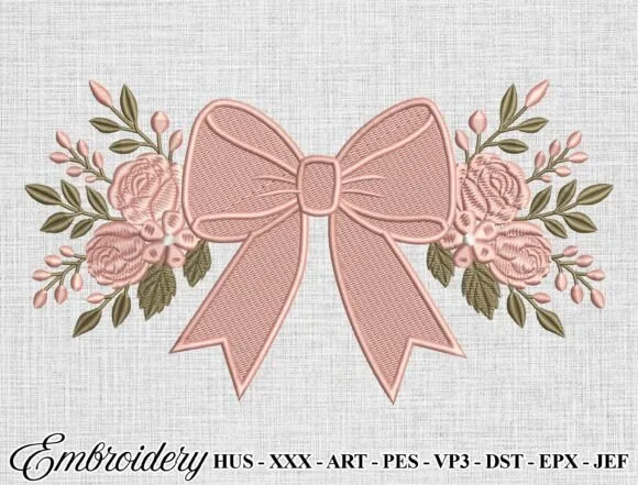 Floral bow embroidery design for a 5x8 hoop