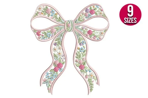 Floral bow machine embroidery design in six sizes
