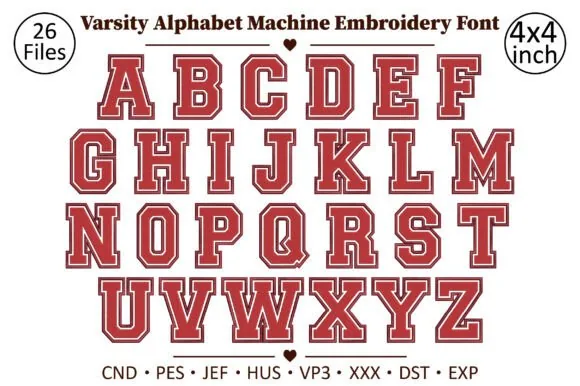 Varsity alphabet machine embroidery font for team names