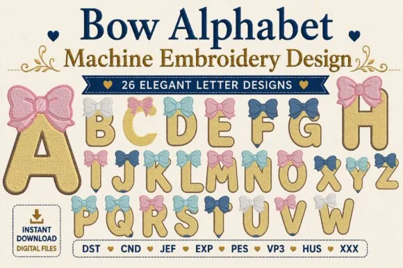 Bow alphabet machine embroidery design for girls clothes