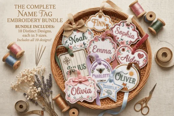 Personalized name tag embroidery bundle in eight hoop sizes