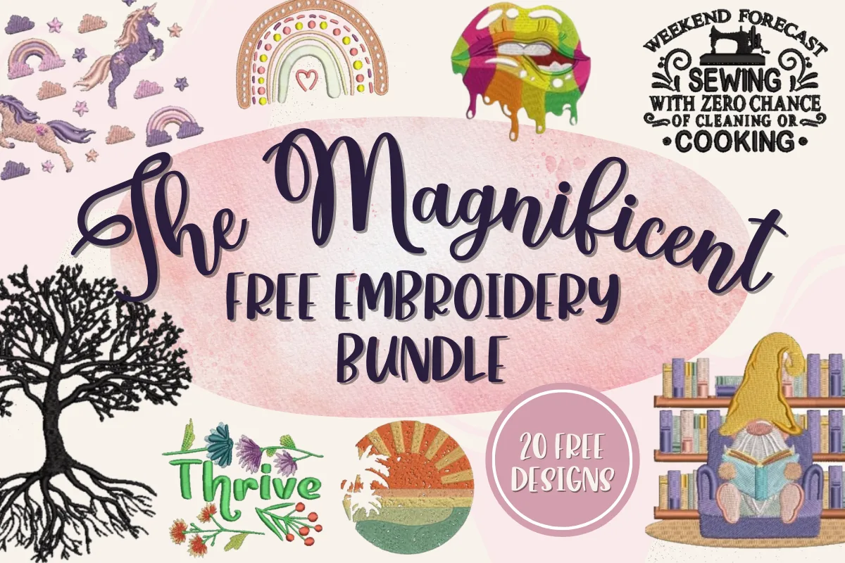 Free embroidery bundle with 20 machine embroidery designs
