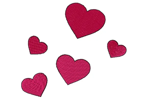 Five hearts free machine embroidery design in three sizes