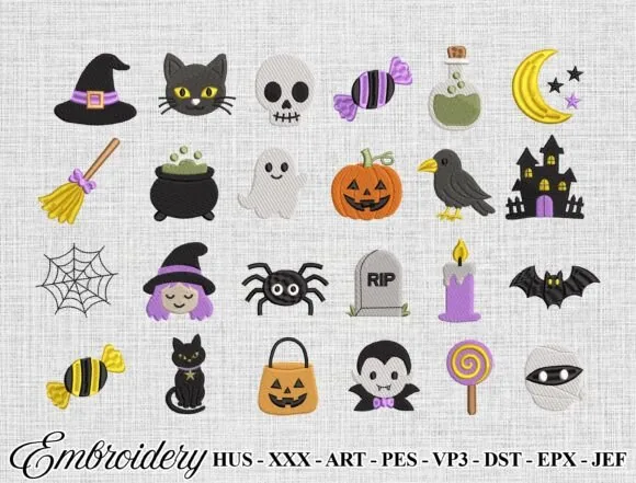 Mega Halloween embroidery bundle with 24 mini machine embroidery designs