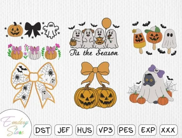 Cute Halloween embroidery bundle with ghosts pumpkins and bats