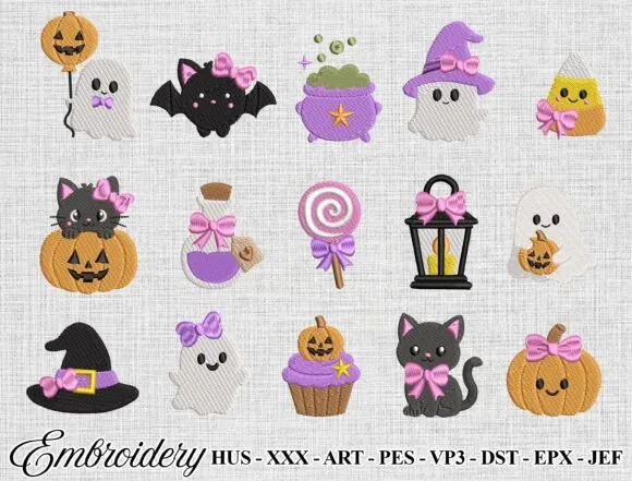 Pink Halloween embroidery design bundle with 15 mini designs