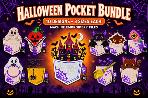 Halloween faux pocket embroidery designs for shirts and bags