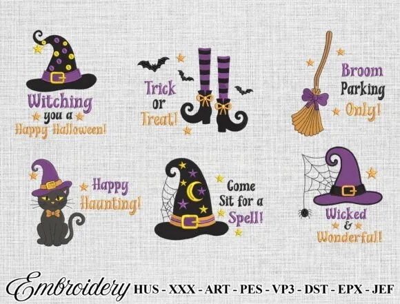 Halloween witch embroidery design bundle with hat broom and black cat