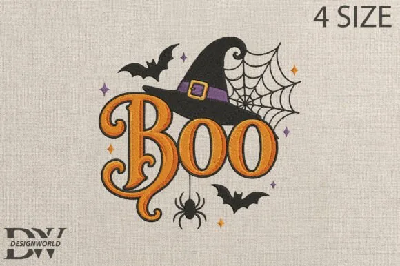Boo Halloween machine embroidery lettering design in four hoop sizes