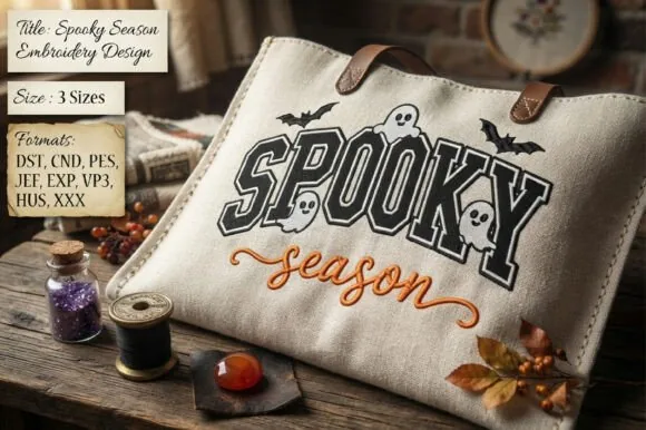 Spooky Season varsity lettering machine embroidery design