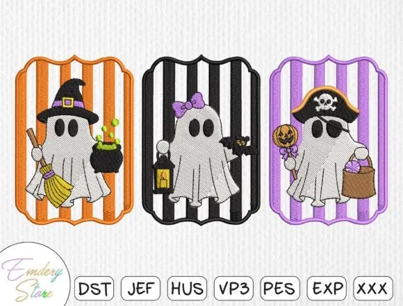 Three cute Halloween ghost machine embroidery designs in costume