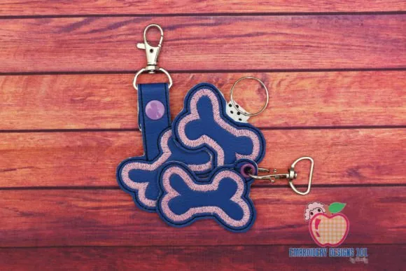 Dog bone ITH keyfob embroidery design with snap tab