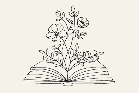 One line book with garden flowers embroidery design for tote bags