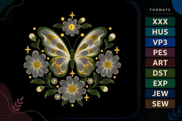Ripple butterfly with daisies embroidery design for a canvas tote
