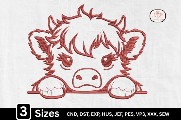 Peeking highland cow monogram embroidery design for tote bags