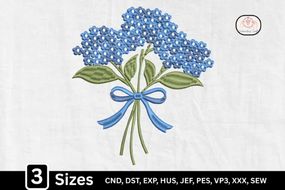 Blue hydrangea bouquet with floral bow embroidery design