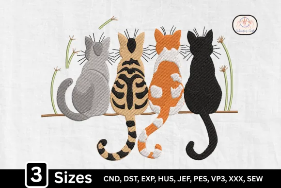 Cute cat friends machine embroidery design for a tote bag