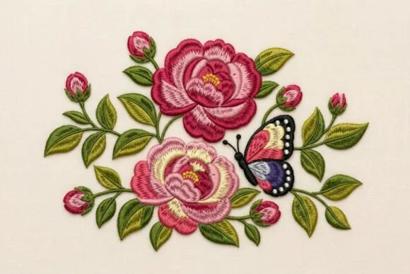 Cottagecore peony and butterfly embroidery design for totes
