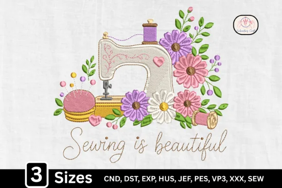 Vintage floral sewing machine embroidery design for a sewing tote