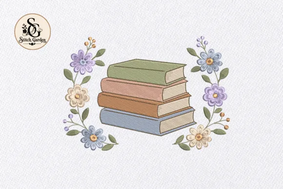 Floral book stack machine embroidery design for a library tote